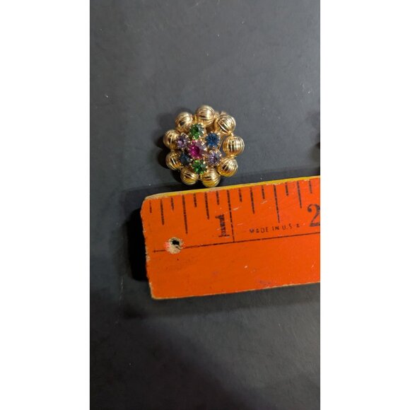 Weiss Gold Tone Clip-On Earrings With Multicolor Rhinestones Retro Flower Design - Picture 7 of 8